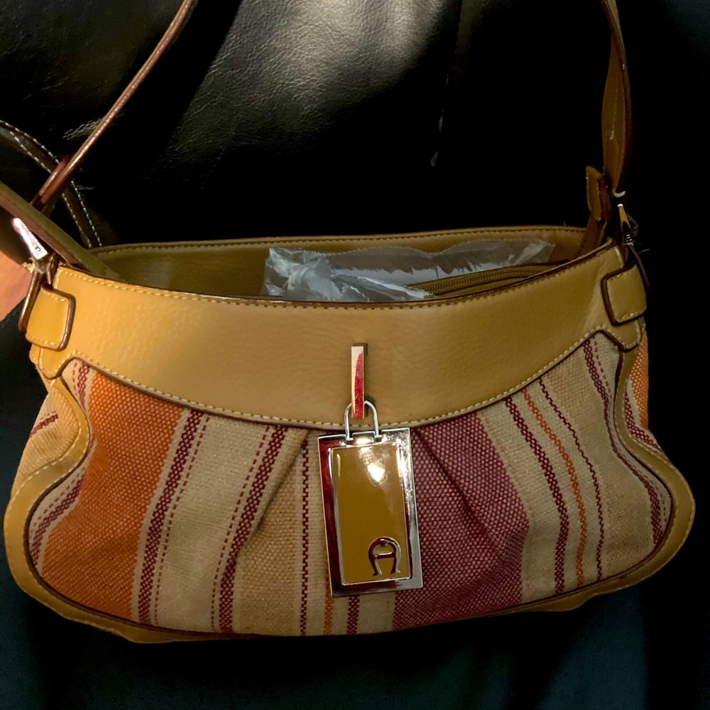Etienne Aigner Creme pink orange fabric and faux leather satchel